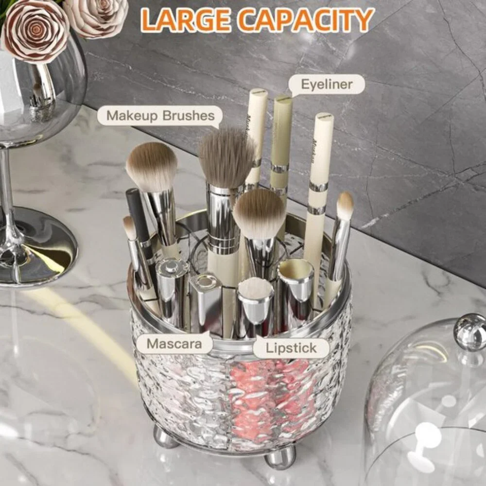 New 360° Rotating Makeup Brush Holder with Lid, Dustproof Organizer in Clear